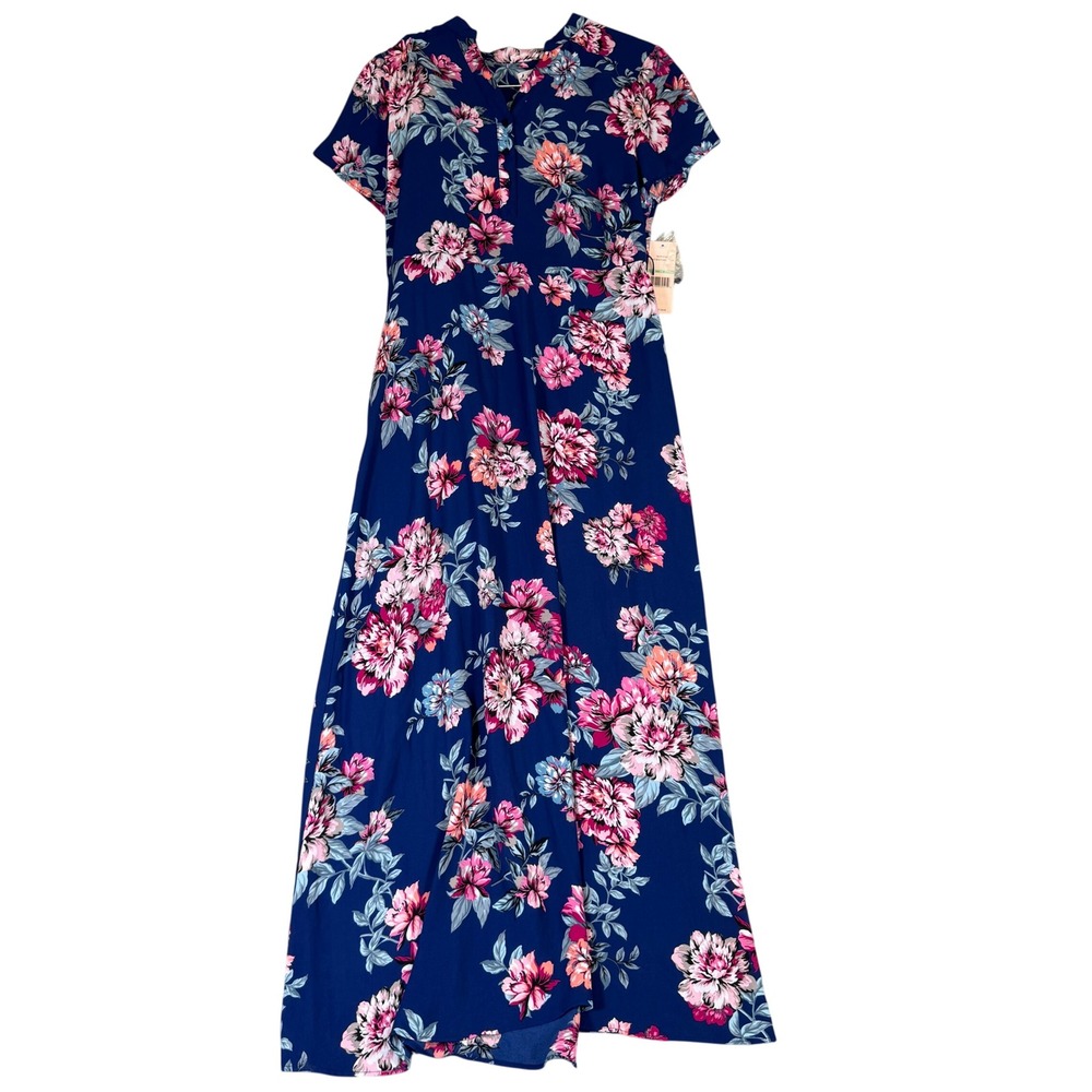 NWT Nanette Lepore Navy Blue Pink Floral Maxi Dress Short Sleeve Size 8 NWT